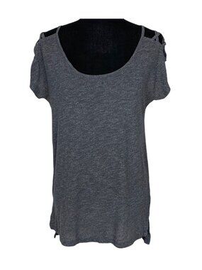 ATHLETA Women Strappy Short Sleeve Round Neck Cutout Shoulder Top Sz S Gray 37-8